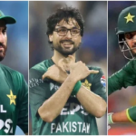 Close-up collage of three Pakistan national cricket team players in their green uniforms.