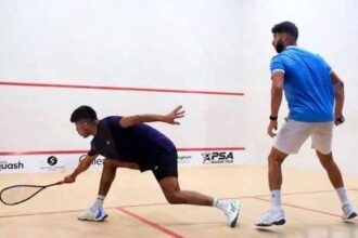 Pakistan's Noor Zaman (left) can be seen in action during the qualifying round of the British Open Squash Championship against Egypt's Kareem El Torkey in this undated image.